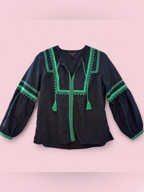J. Crew Navy Embroidered Peasant Blouse w/ Green Trim & Tassels Size 4